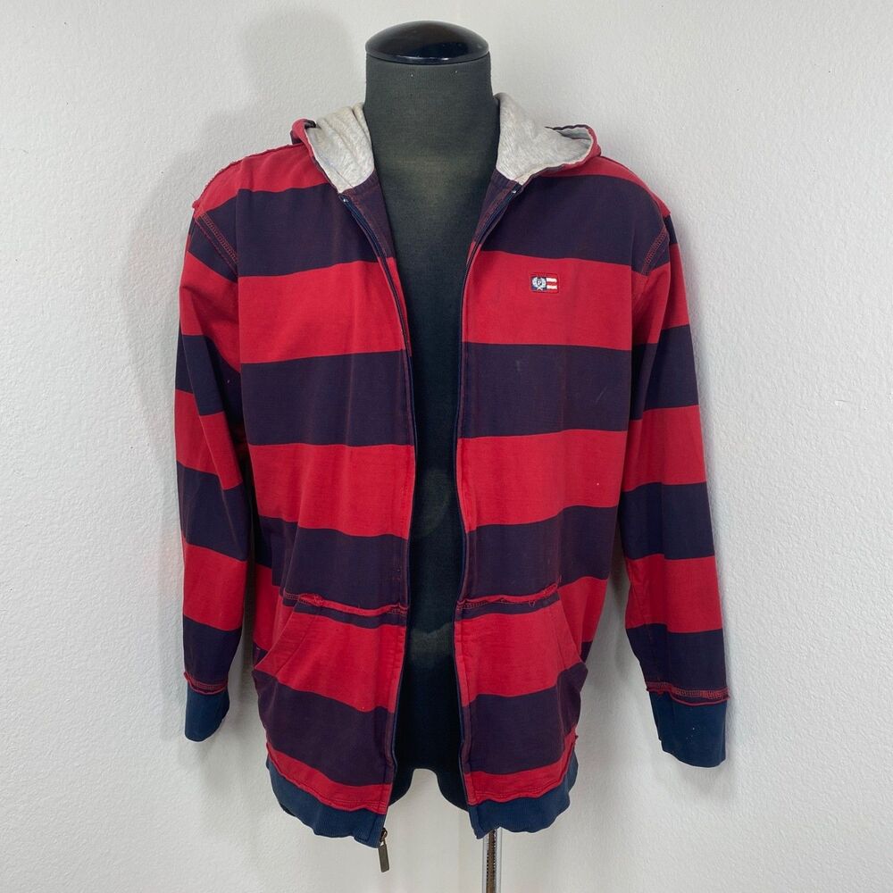 Vintage Y2K Phat Farm Red Purple Stripe Hooded Sweatshirt Large Zip Front Pocket